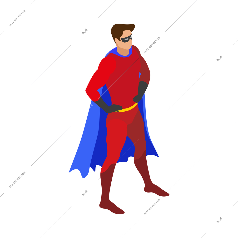 Superheroes isometric people composition with isolated view of super hero wearing colorful costume vector illustration