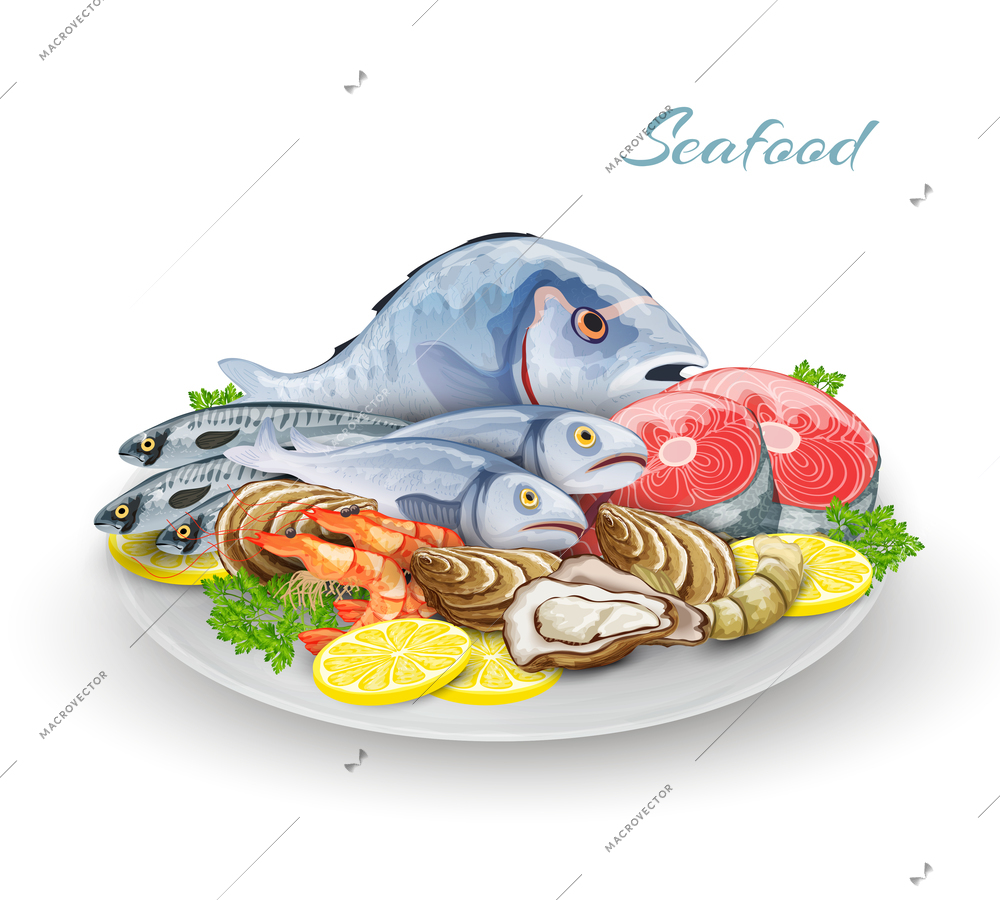 Seafood plate with delicacy gourmet fish restaurant products composition vector illustration