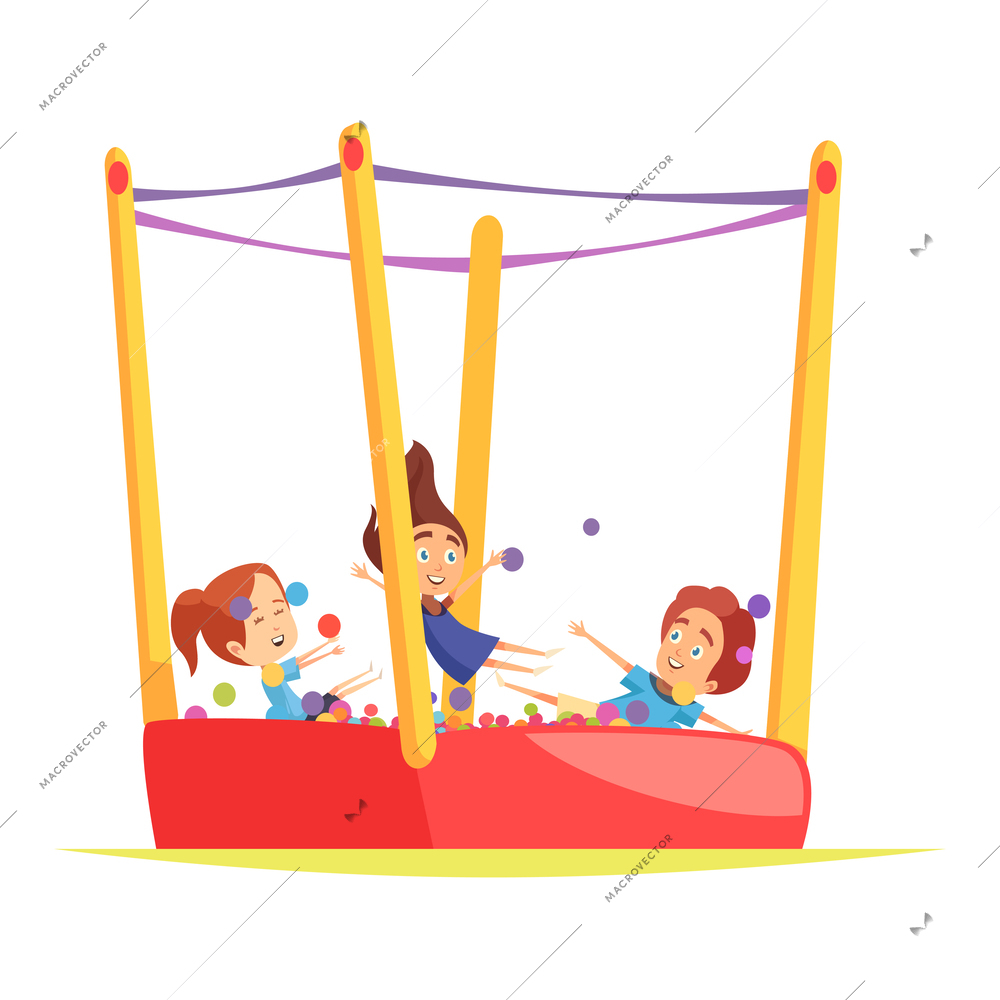 Jumping trampolines composition with flat cartoon human characters and images of amusement appliance vector illustration