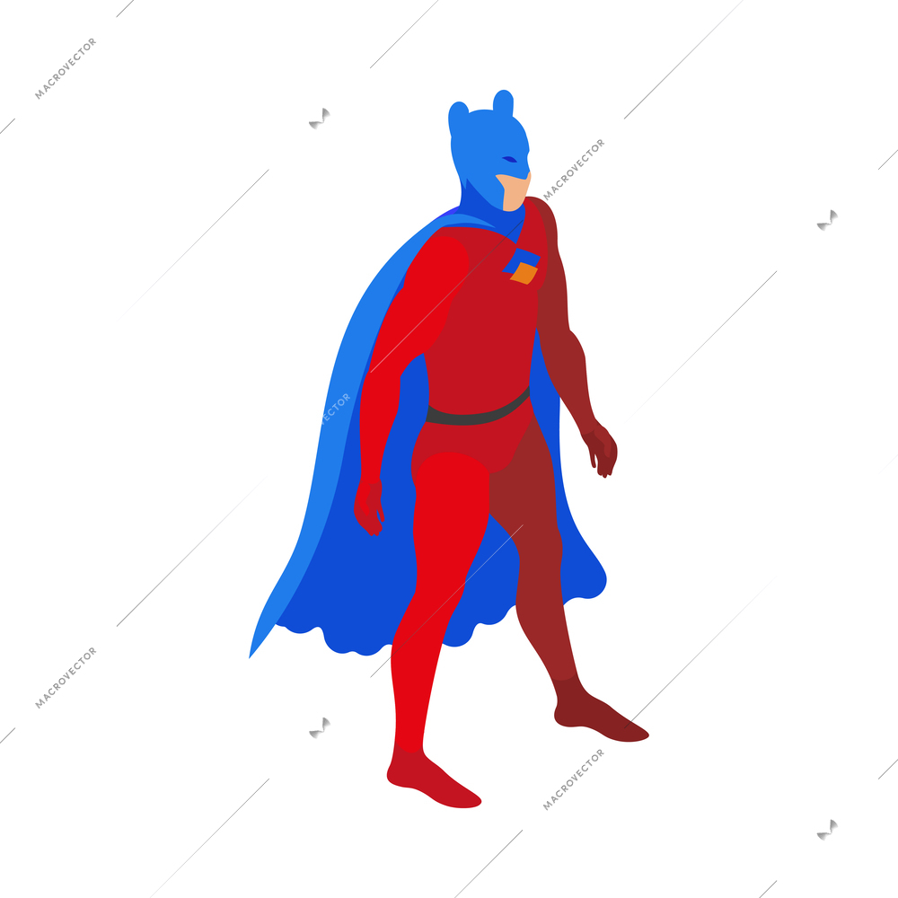 Superheroes isometric people composition with isolated view of super hero wearing colorful costume vector illustration