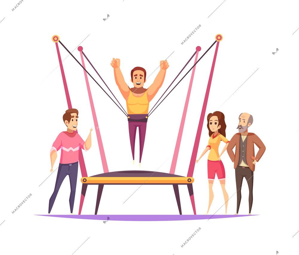 Jumping trampolines composition with flat cartoon human characters and images of amusement appliance vector illustration