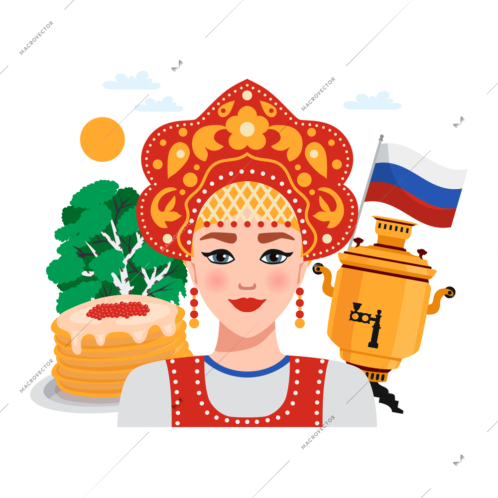 Russia travel composition of flat images with russian national stereotypes vector illustration