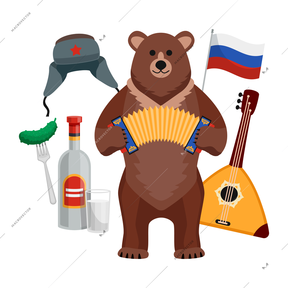 Russia travel composition of flat images with russian national stereotypes vector illustration