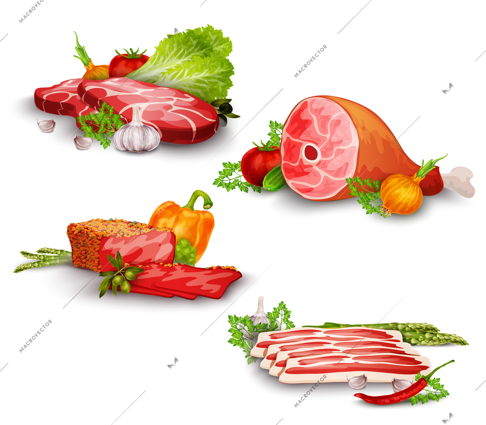 Meat pork and beef steaks with vegetables food set isolated vector illustration