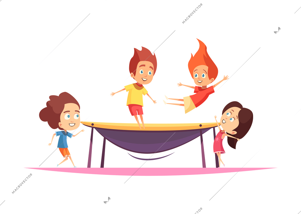 Jumping trampolines composition with flat cartoon human characters and images of amusement appliance vector illustration