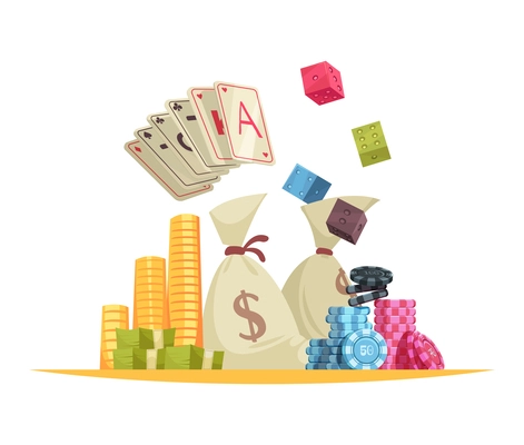 Casino composition with cartoon style gaming cards chips banknotes and coin stacks on blank background vector illustration