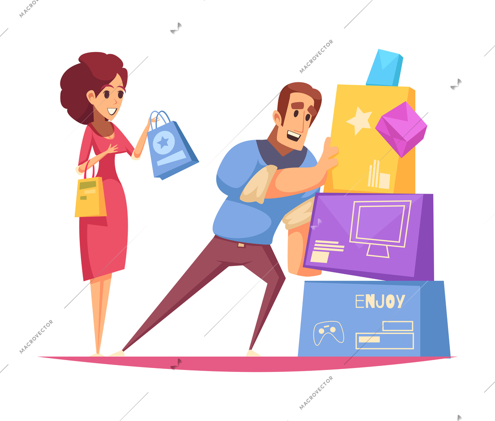 Shopaholic composition of colourful cartoon style human characters with goods in colorful boxes vector illustration