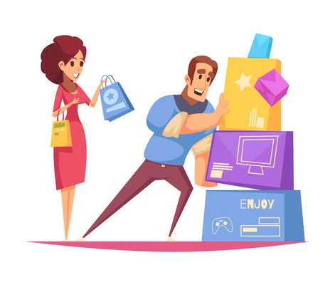 Shopaholic composition of colourful cartoon style human characters with goods in colorful boxes vector illustration