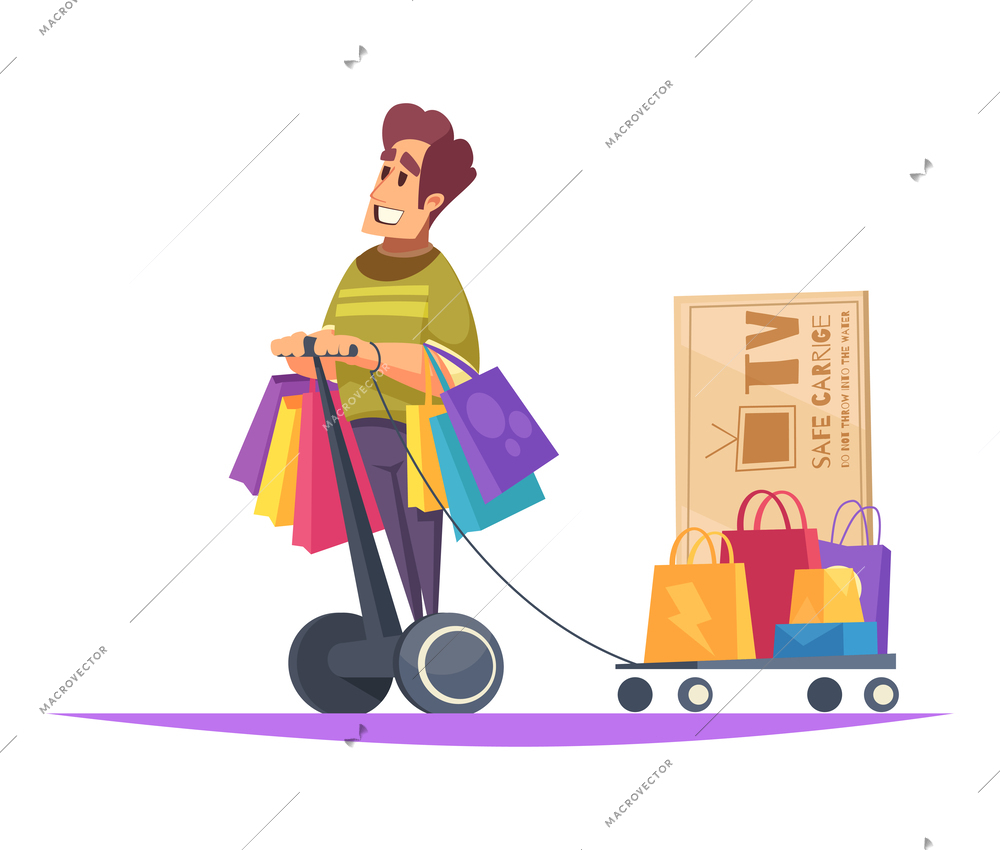 Shopaholic composition of colourful cartoon style human characters with goods in colorful boxes vector illustration