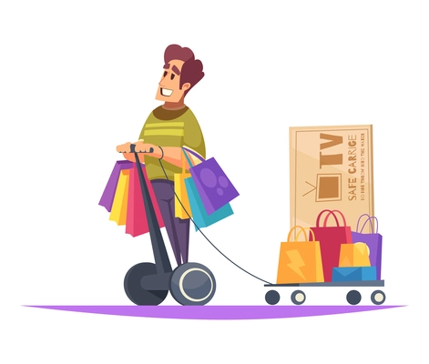 Shopaholic composition of colourful cartoon style human characters with goods in colorful boxes vector illustration