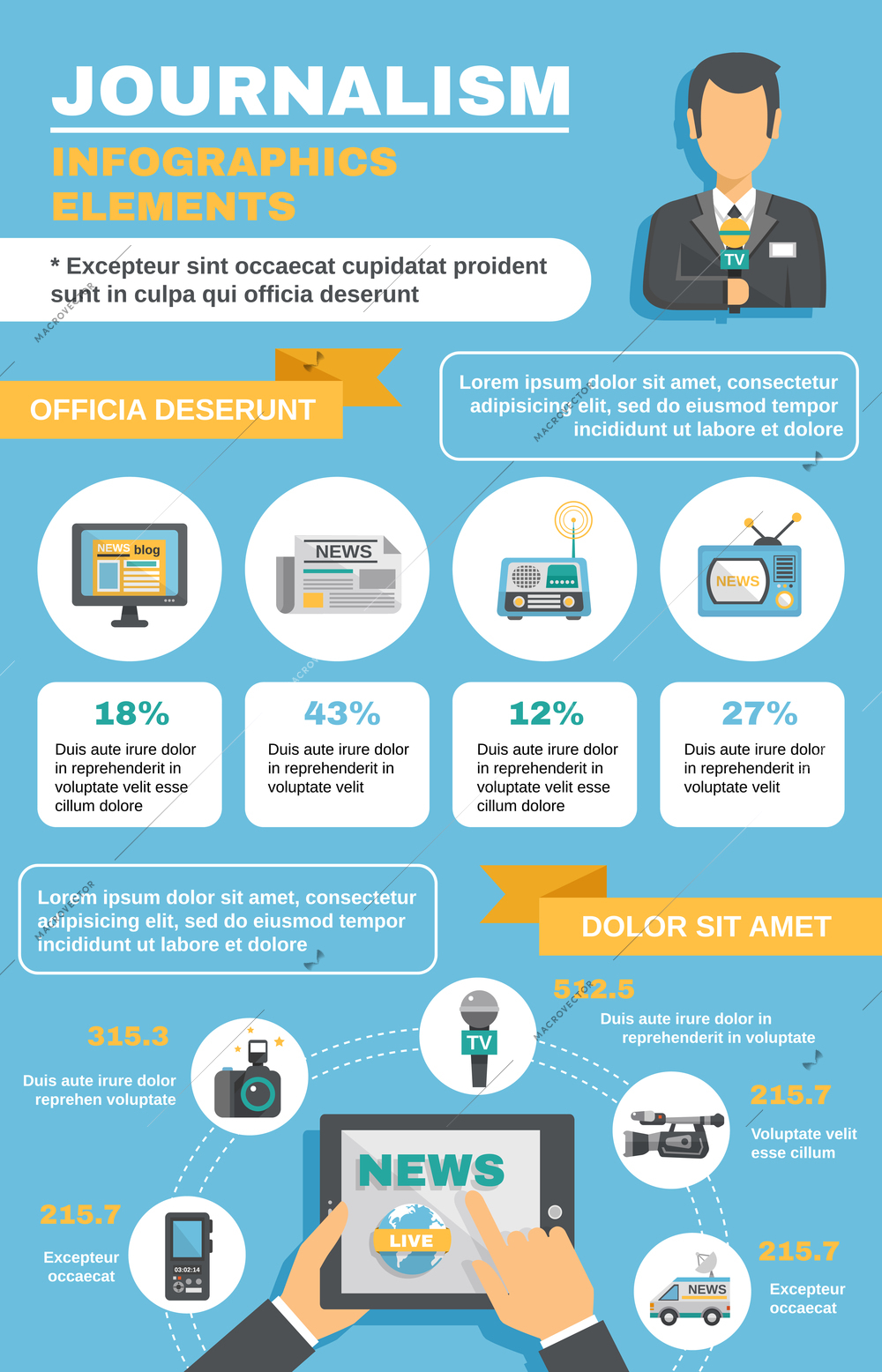 Journalist report press tv and broadcasting infographic elements set vector illustration