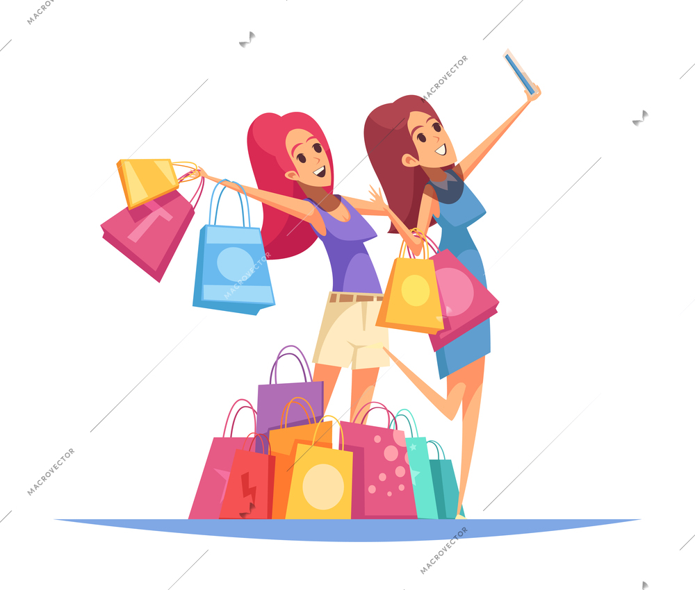 Shopaholic composition of colourful cartoon style human characters with goods in colorful boxes vector illustration