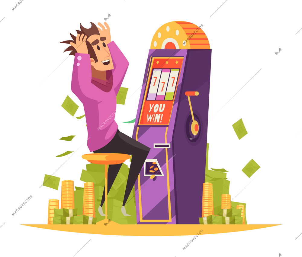 Casino composition with cartoon style human character playing slot machine on blank background vector illustration