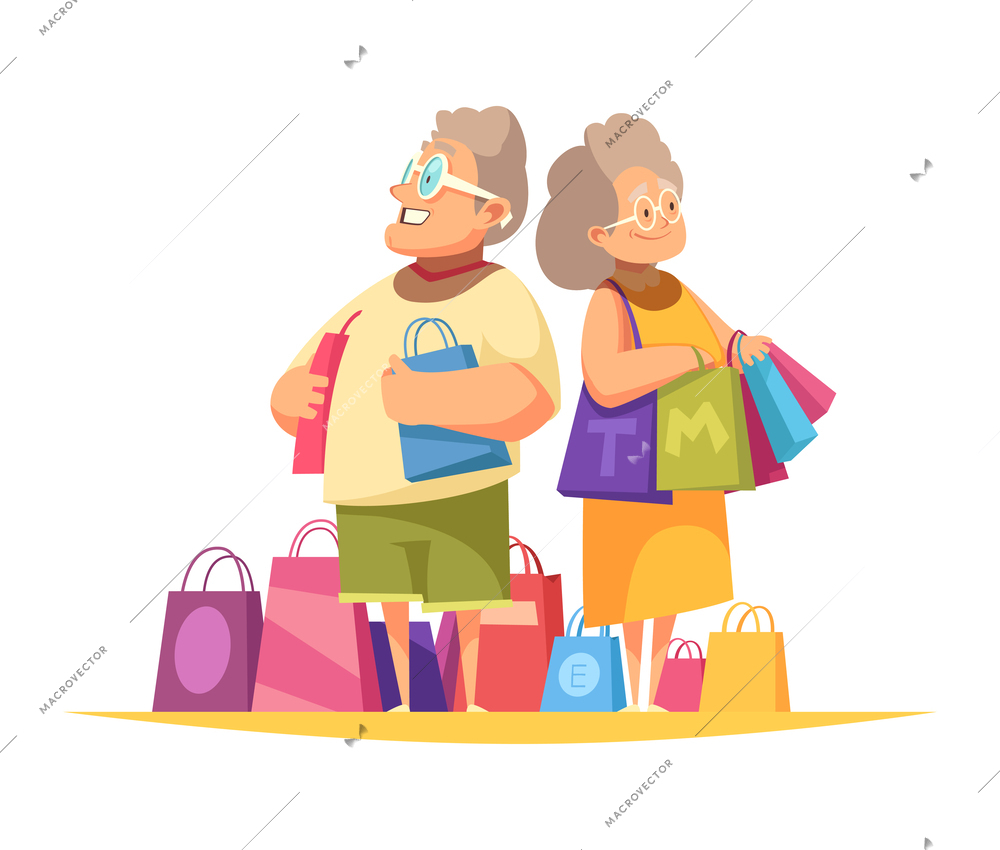 Shopaholic composition of colourful cartoon style human characters with goods in colorful boxes vector illustration