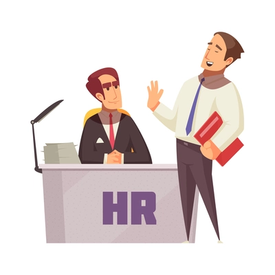 Resume recruiting composition with cartoon style human characters in corporate suits with workplace vector illustration