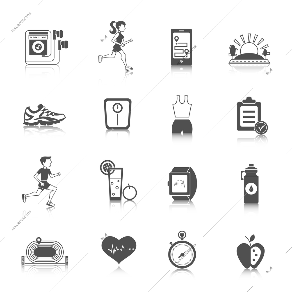 Jogging and running sport fitness and health activity icons black set isolated vector illustration