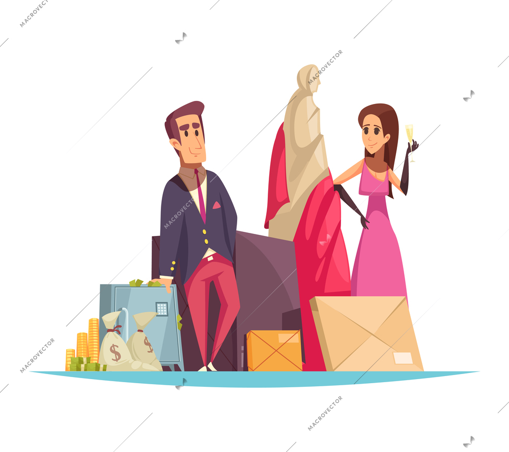 Auction composition with flat doodle style human characters trading and buying items by auction vector illustration