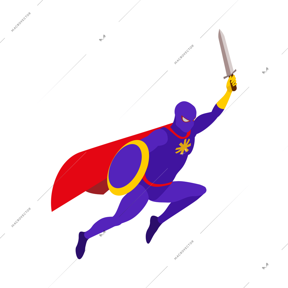 Superheroes isometric people composition with isolated view of super hero wearing colorful costume vector illustration