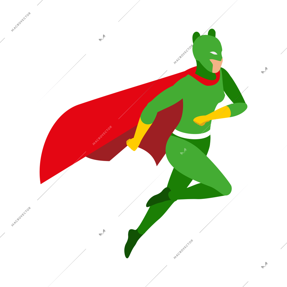 Superheroes isometric people composition with isolated view of super hero wearing colorful costume vector illustration