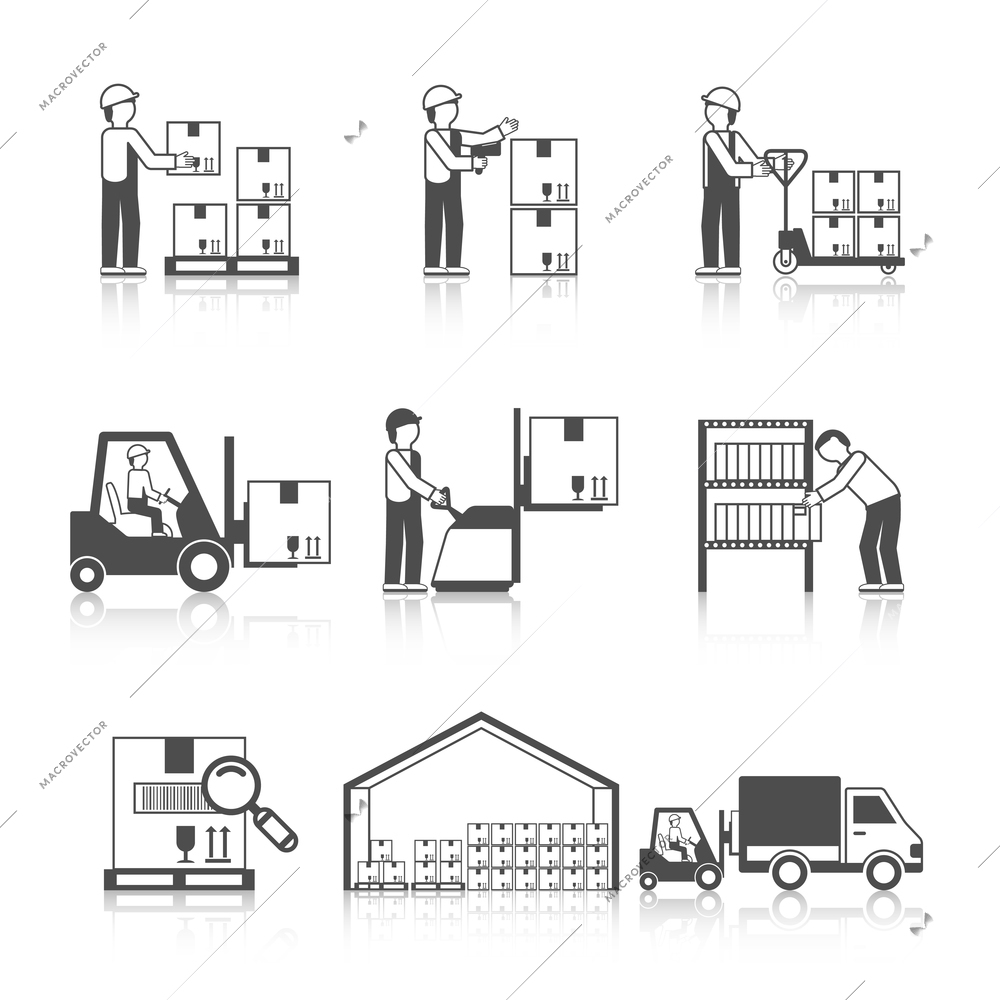 Warehouse icon black set with transportation and delivery service stock workers isolated vector illustration