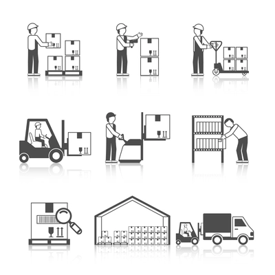 Warehouse icon black set with transportation and delivery service stock workers isolated vector illustration