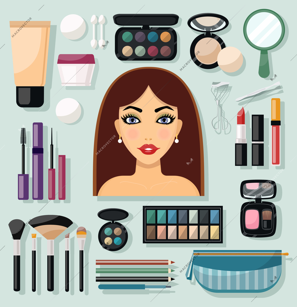 Make-up flat decorative icons set with woman face and beauty accessories isolated vector illustration