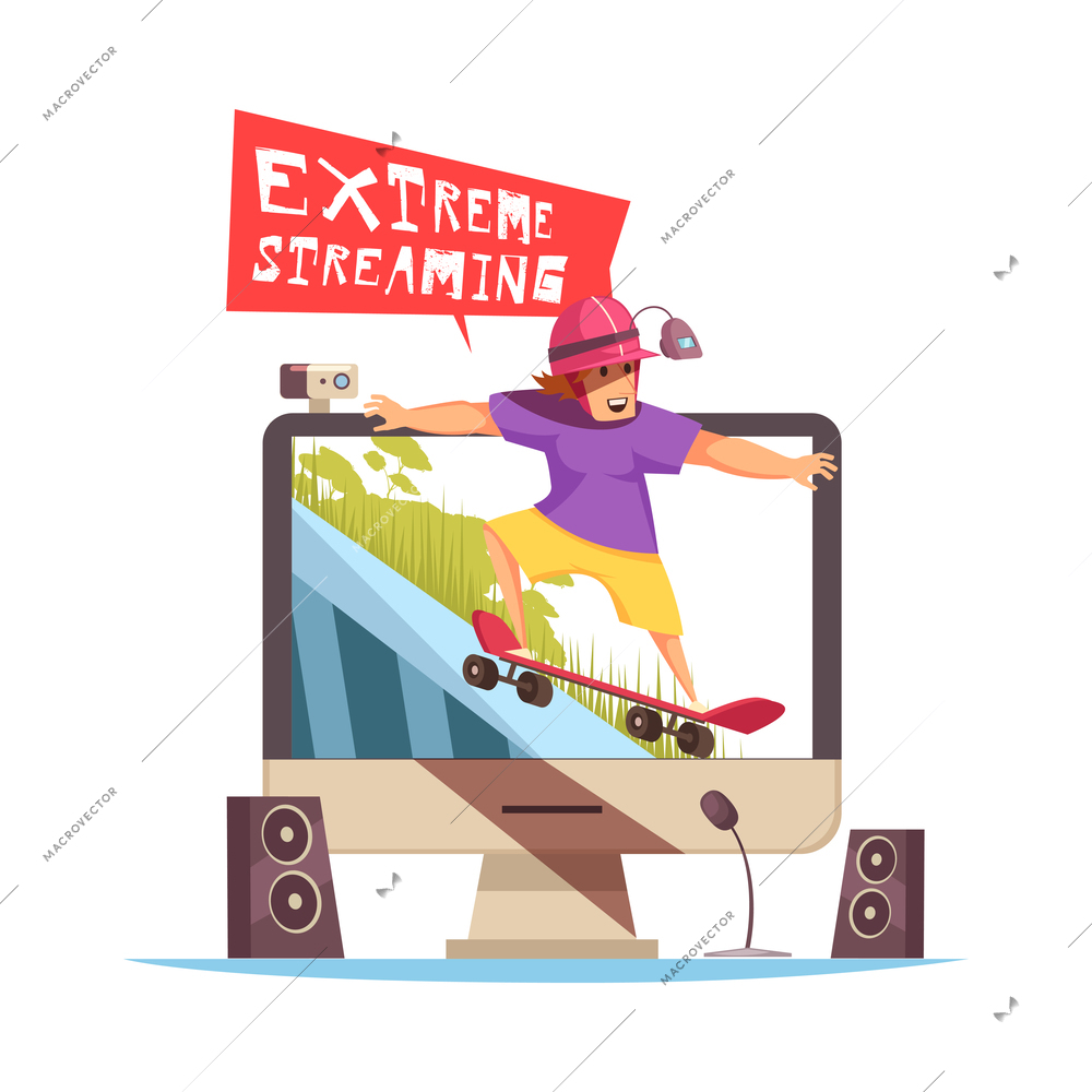Blogger composition with doodle style human characters recording broadcasts with text captions vector illustration