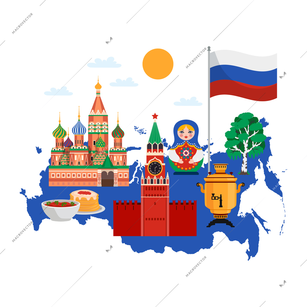 Russia travel composition of flat images with russian national stereotypes and landmarks vector illustration