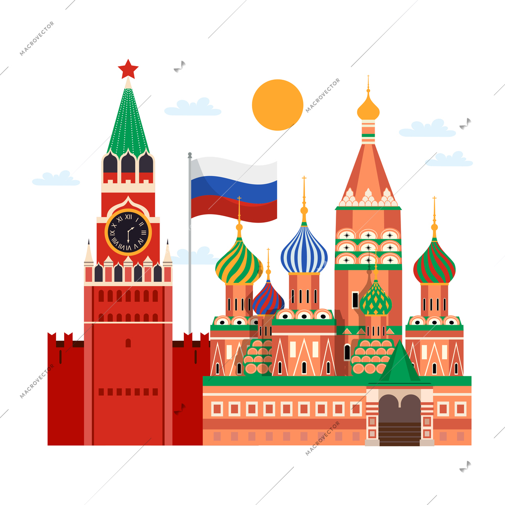 Russia travel composition of flat images with russian famous landmarks vector illustration