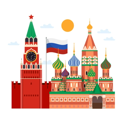 Russia travel composition of flat images with russian famous landmarks vector illustration