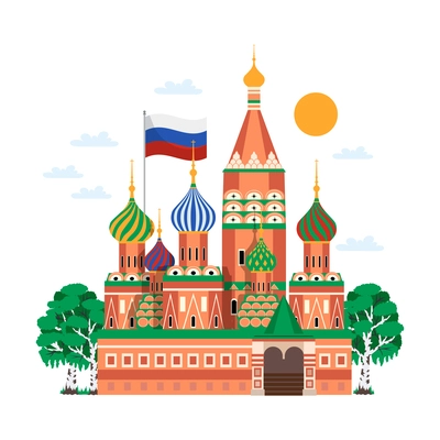 Russia travel composition of flat images with russian famous landmarks vector illustration