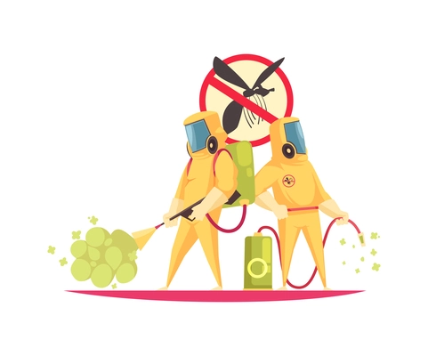 Pest control composition with flat doodle style images fighting pests with decontamination facilities vector illustration