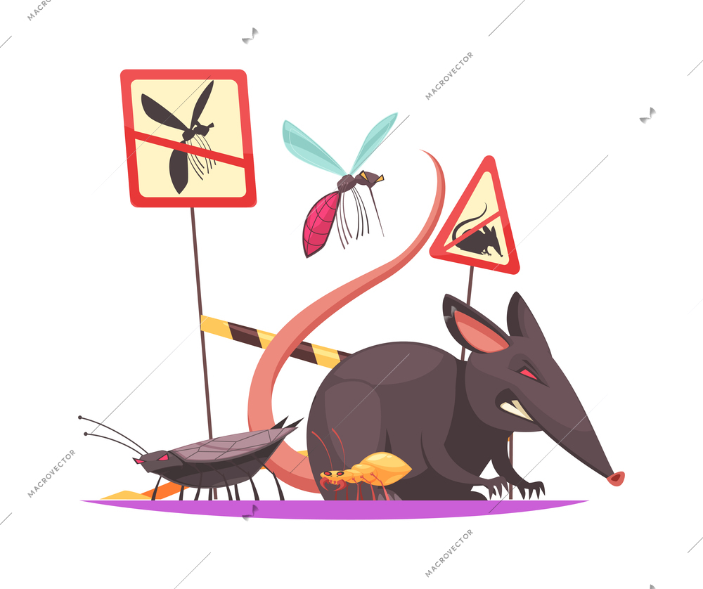 Pest control composition with flat doodle style images fighting pests with decontamination facilities vector illustration