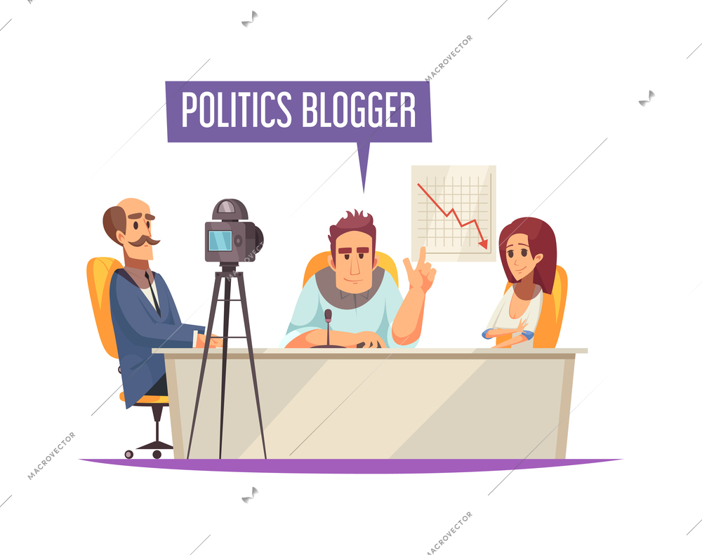 Blogger composition with doodle style human characters recording broadcasts with text captions vector illustration