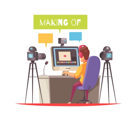 Blogger composition with doodle style human characters recording broadcasts with text captions vector illustration