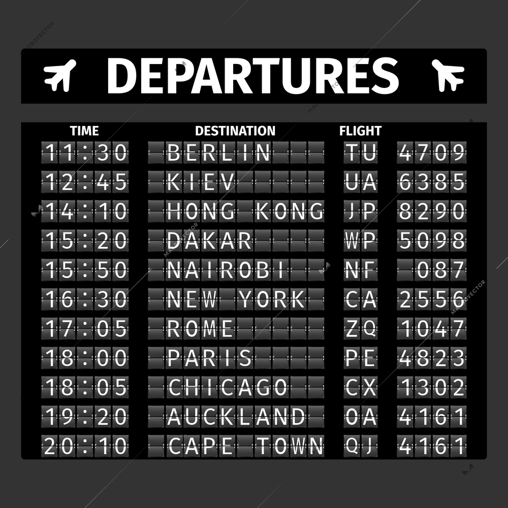 Airport retro analog departure board timetable travel background vector illustration