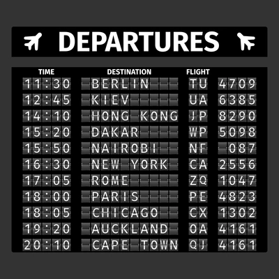 Airport retro analog departure board timetable travel background vector illustration