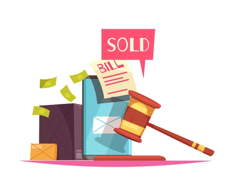 Auction composition with flat doodle style human characters trading and buying items by auction vector illustration