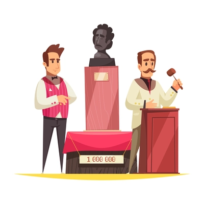 Auction composition with flat doodle style human characters trading and buying items by auction vector illustration