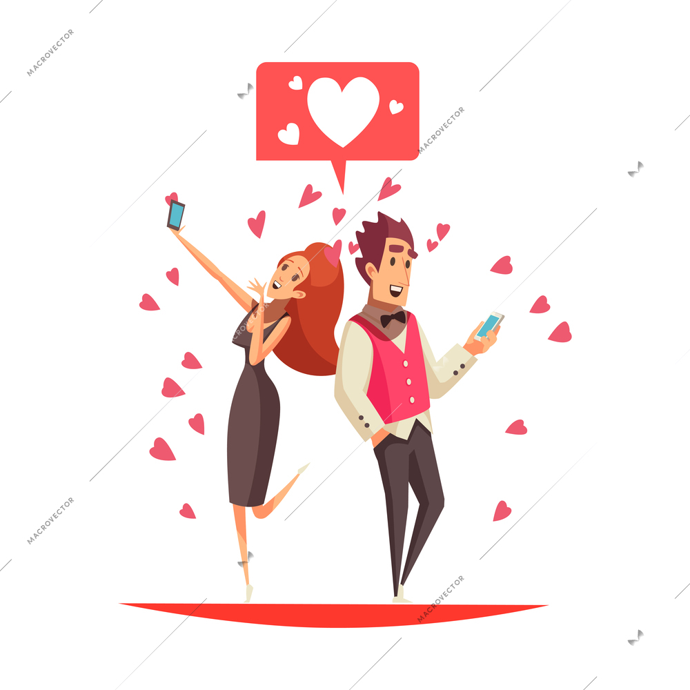 Virtual and real love composition of online dating app pictograms and people in love vector illustration