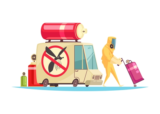 Pest control composition with flat doodle style images fighting pests with decontamination facilities vector illustration