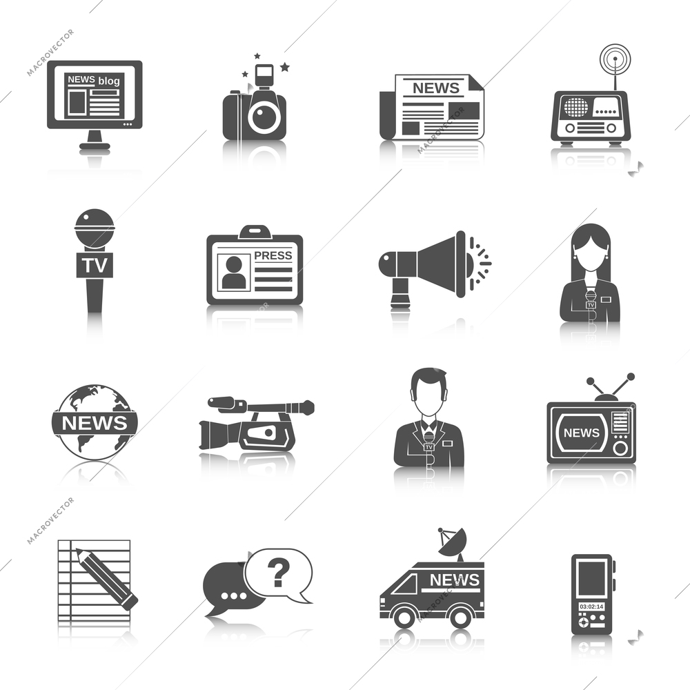 Journalist newspaper and tv journalism profession icon black set isolated vector illustration