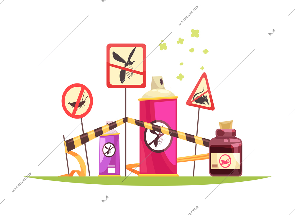 Pest control composition with flat doodle style images fighting pests with decontamination facilities vector illustration