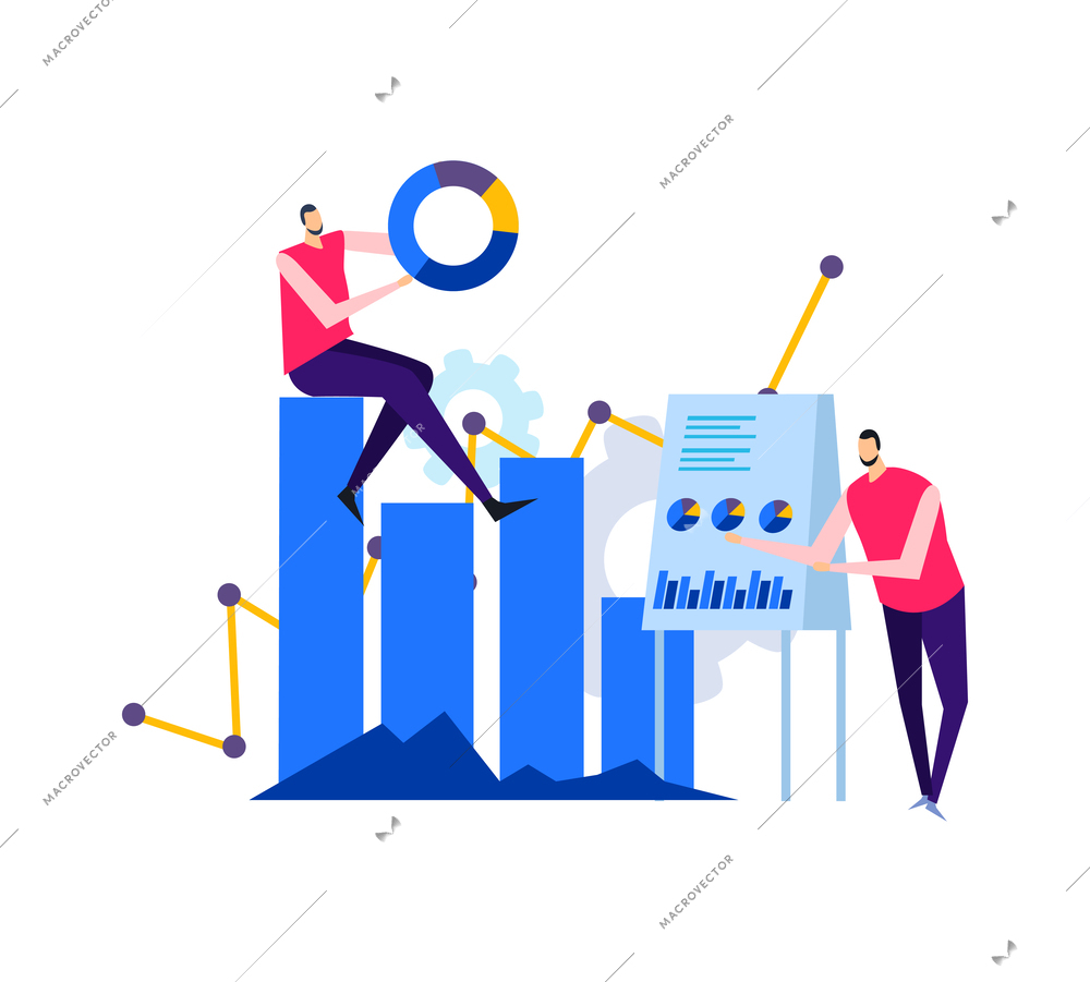 Business analytics composition with flat doodle style human characters radial bar charts gear icons and gadgets vector illustration