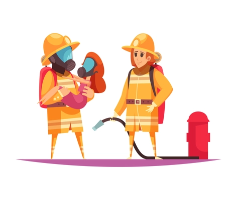 Firefighter composition with flat view of fire situation with firemen crew equipment and uniform vector illustration