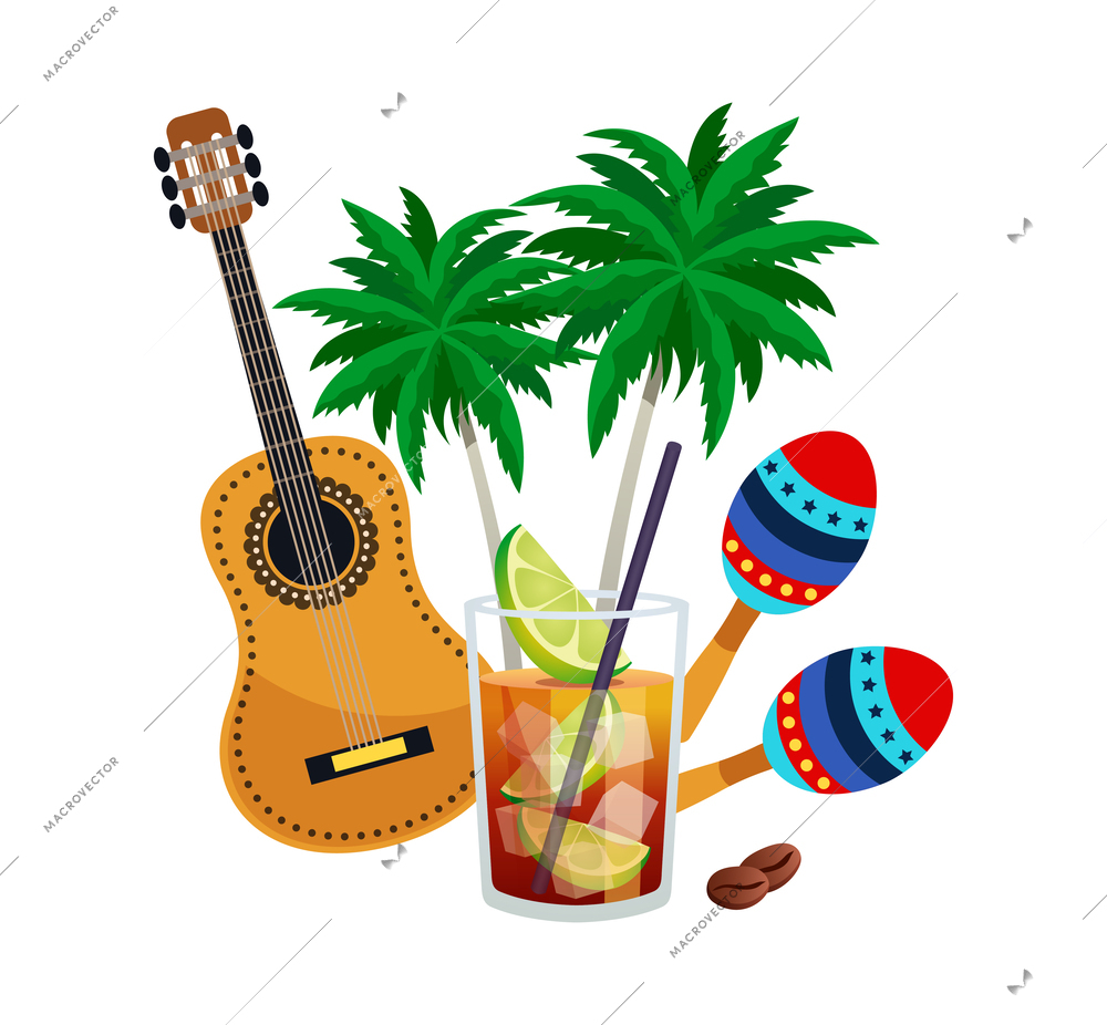 Cuba travel composition of flat images with cuban national stereotypes vector illustration