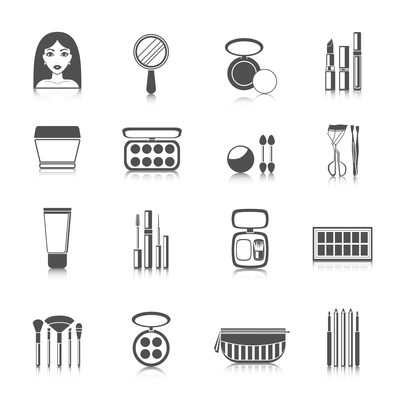 Makeup icons black set with woman face mirror powder mascara isolated vector illustration