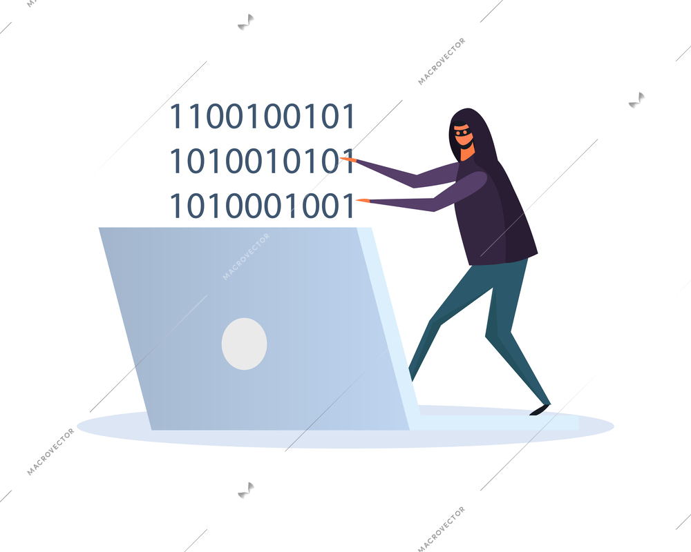 Cyber security composition with doodle character of hacker breaching electronic devices data protection vector illustration