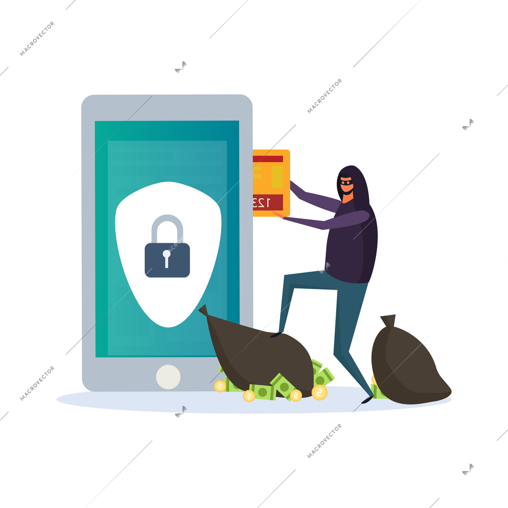 Cyber security composition with doodle character of hacker breaching electronic devices data protection vector illustration