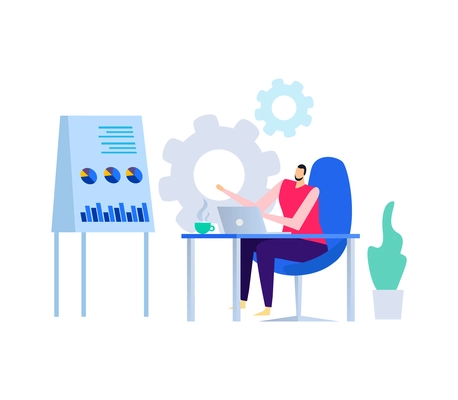 Business analytics composition with flat doodle style human characters radial bar charts gear icons and gadgets vector illustration